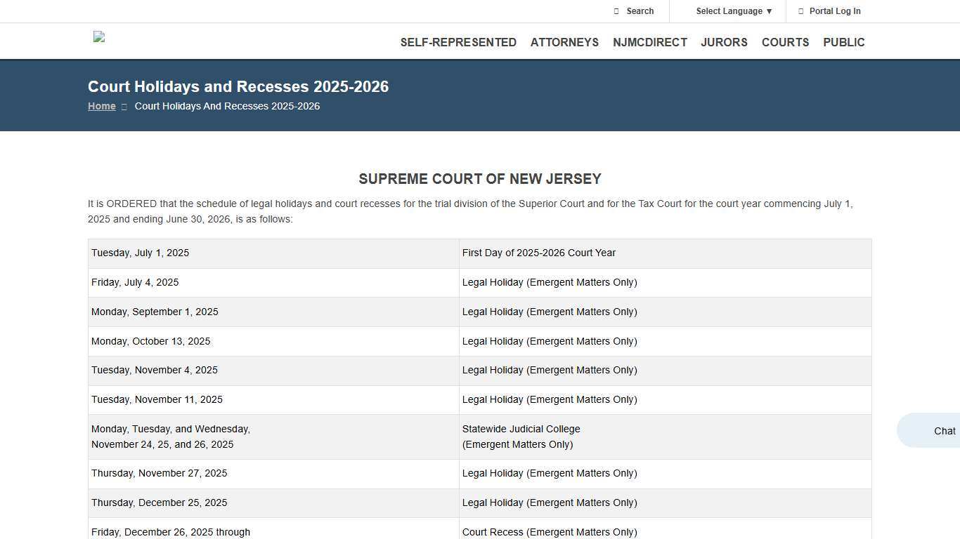 Court Holidays and Recesses 2025-2026 | NJ Courts