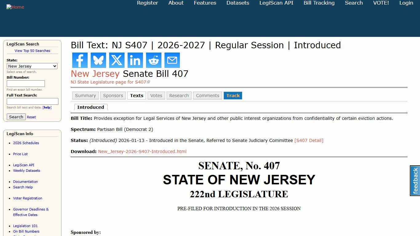 Bill Text: NJ S407 | 2026-2027 | Regular Session | Introduced | LegiScan